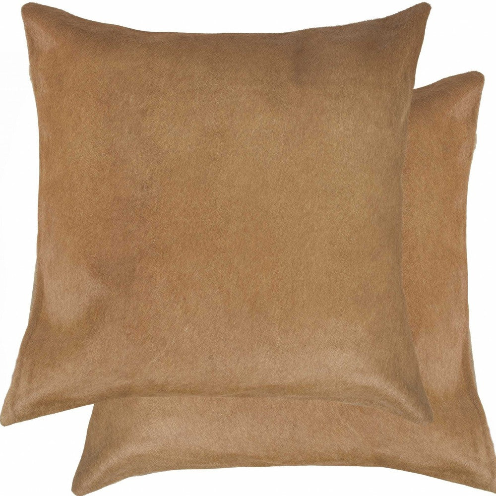 Set of Two 18" Tan Cowhide Throw Pillows-Accent Throw Pillows-DECOROLALA