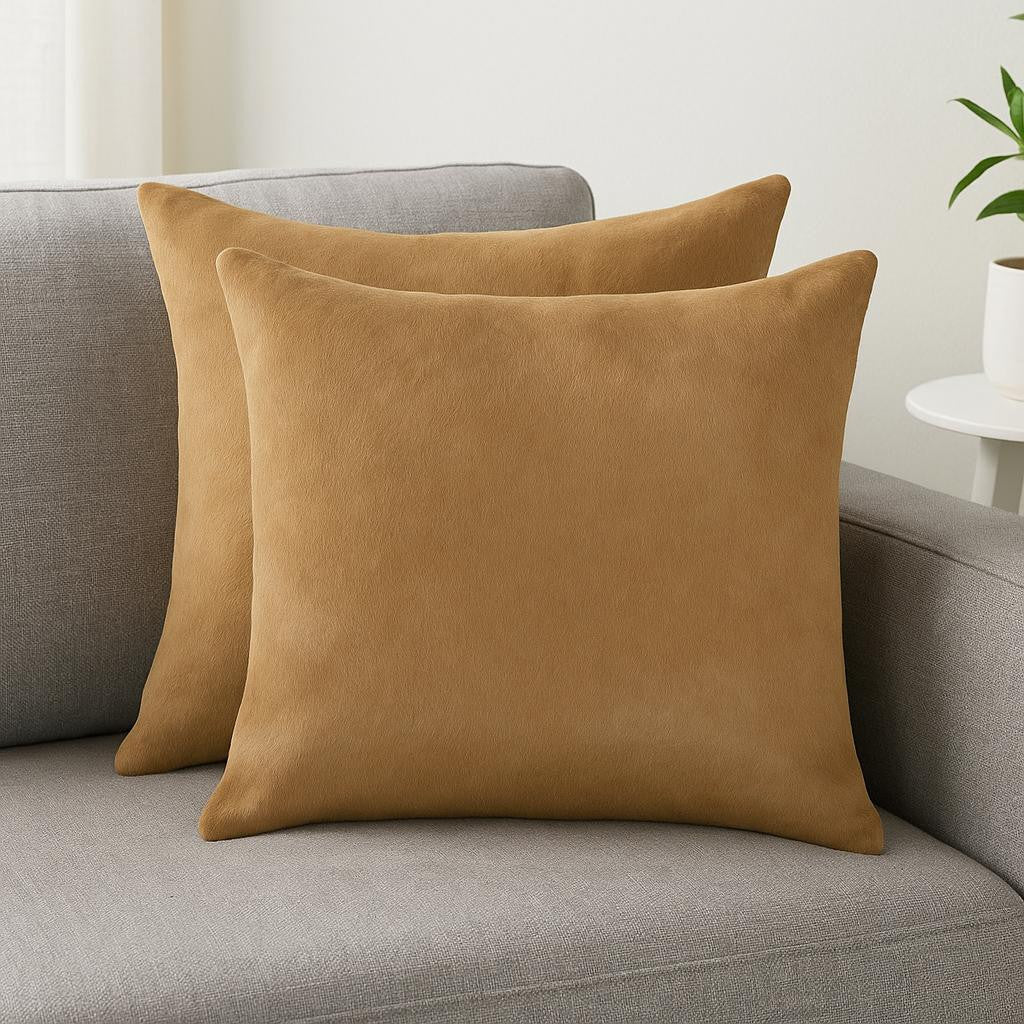 Set of Two 18" Tan Cowhide Throw Pillows-Accent Throw Pillows-DECOROLALA