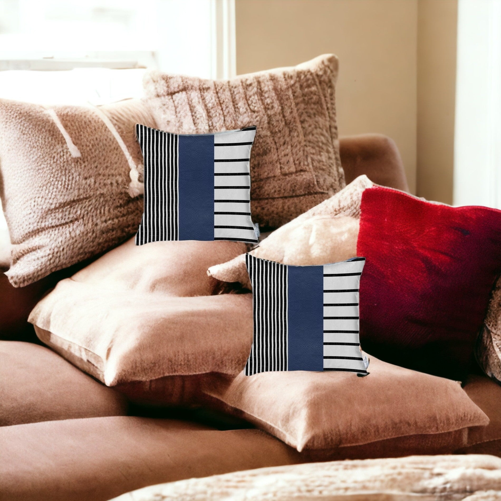 Set of Two 18" X 18" Navy Blue Striped Faux Leather Zippered Pillow-Accent Throw Pillows-DECOROLALA