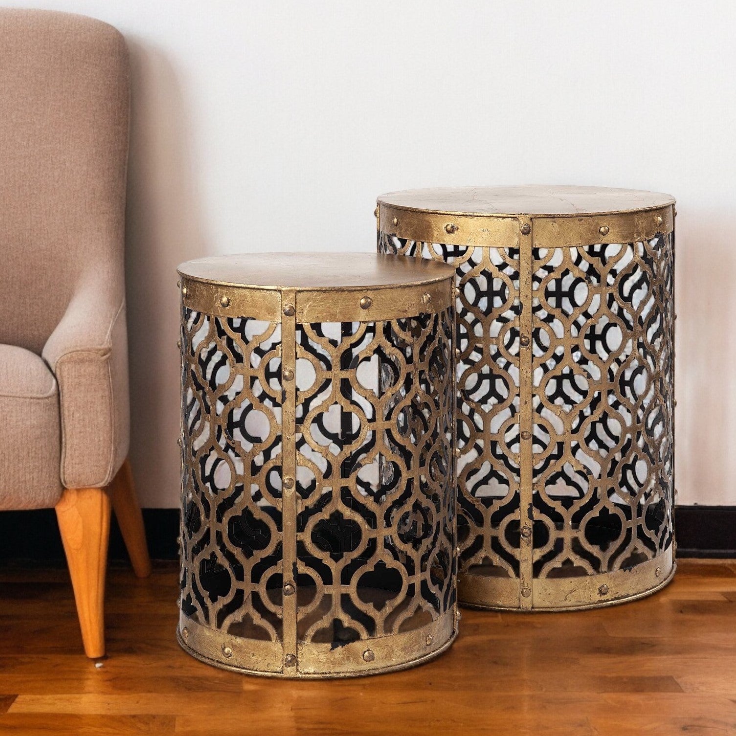 Set of Two 20" Gold Round End Table-End-Side Tables-DECOROLALA