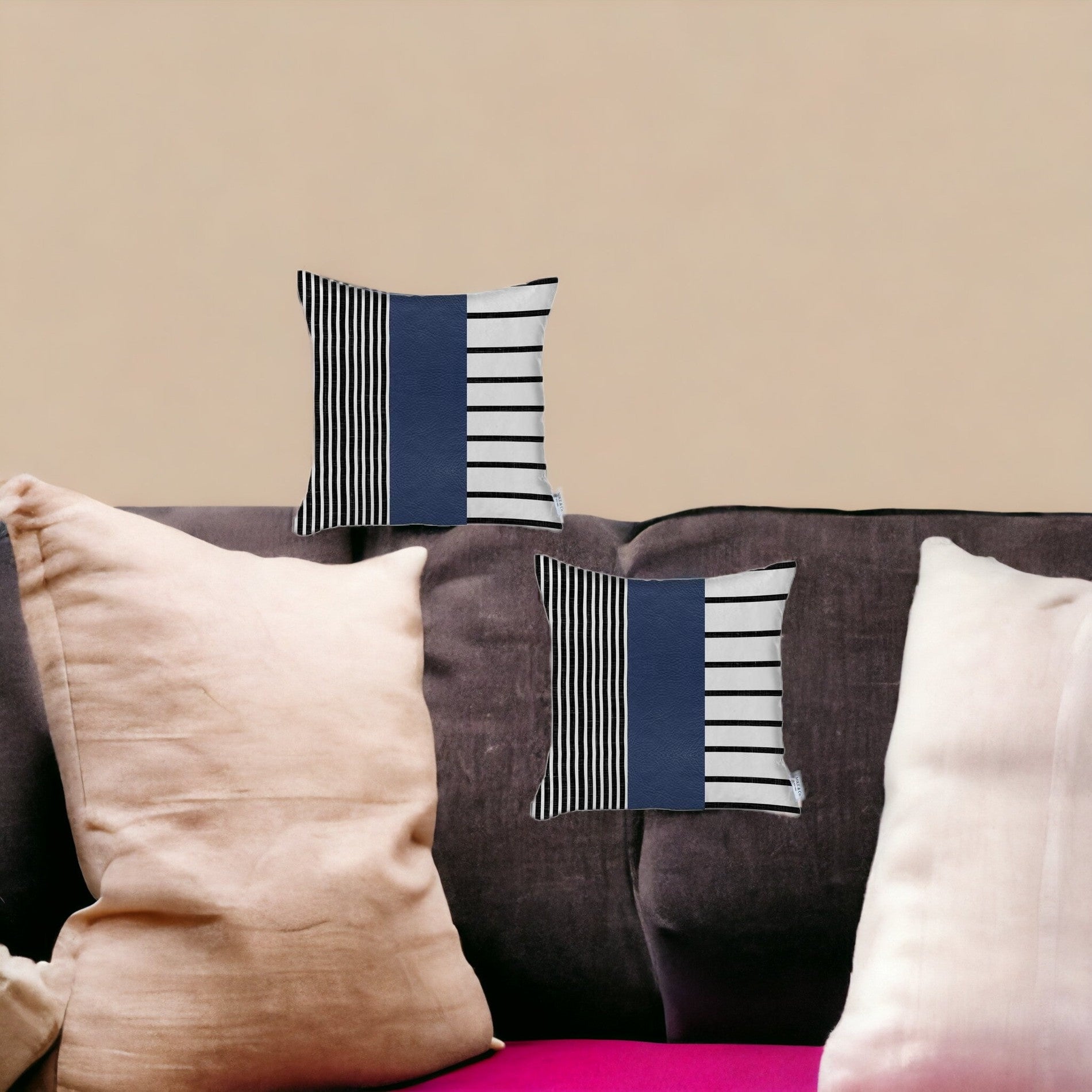 Set of Two 20" X 20" Navy Blue Striped Faux Leather Zippered Pillow-Accent Throw Pillows-DECOROLALA