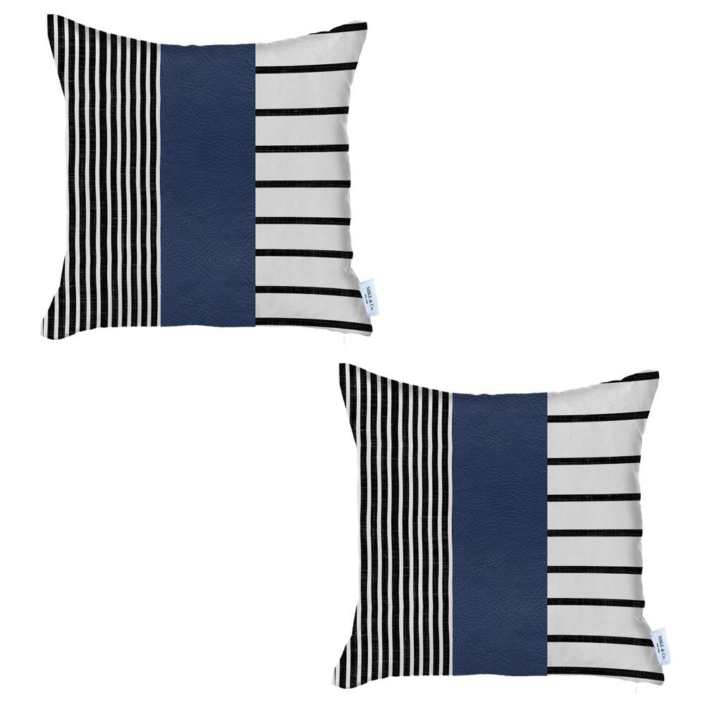 Set of Two 20" X 20" Navy Blue Striped Faux Leather Zippered Pillow-Accent Throw Pillows-DECOROLALA