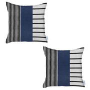 Set of Two 20" X 20" Navy Blue Striped Faux Leather Zippered Pillow-Accent Throw Pillows-DECOROLALA