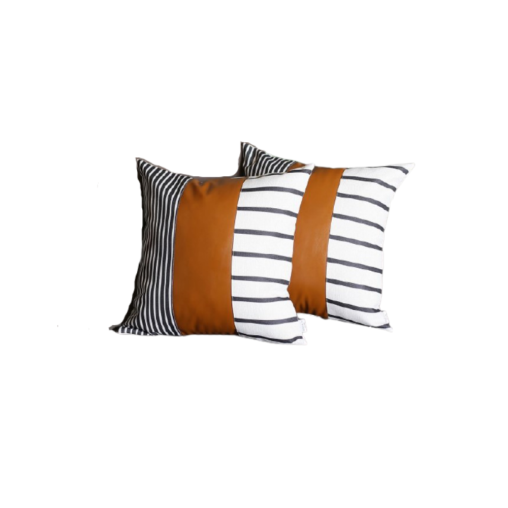 Set of Two 22" Brown And White Faux Leather Throw Pillow Covers-Accent Throw Pillows-DECOROLALA