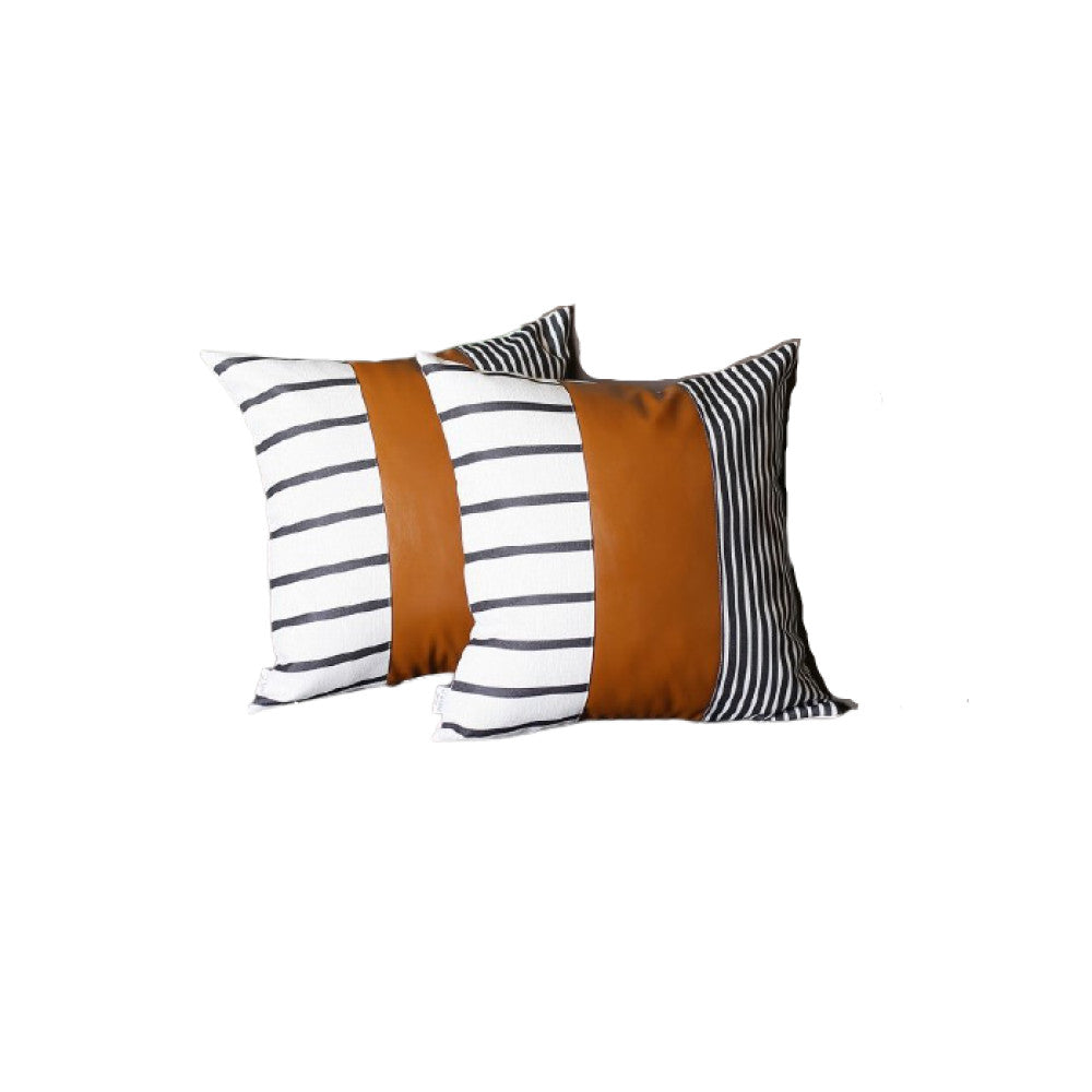 Set of Two 22" Brown And White Faux Leather Throw Pillow Covers-Accent Throw Pillows-DECOROLALA