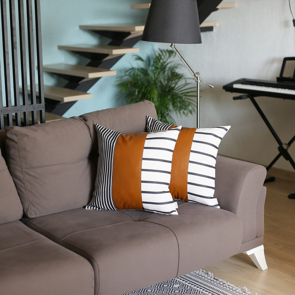 Set of Two 22" Brown And White Faux Leather Throw Pillow Covers-Accent Throw Pillows-DECOROLALA