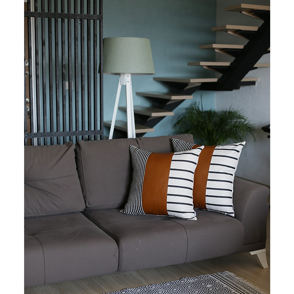 Set of Two 22" Brown And White Faux Leather Throw Pillow Covers-Accent Throw Pillows-DECOROLALA