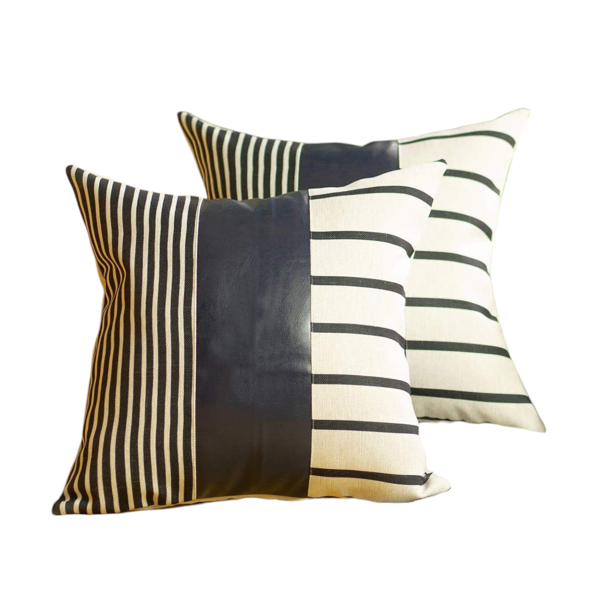 Set of Two 22" X 22" Navy Blue Striped Faux Leather Zippered Pillow Cover-Accent Throw Pillows-DECOROLALA