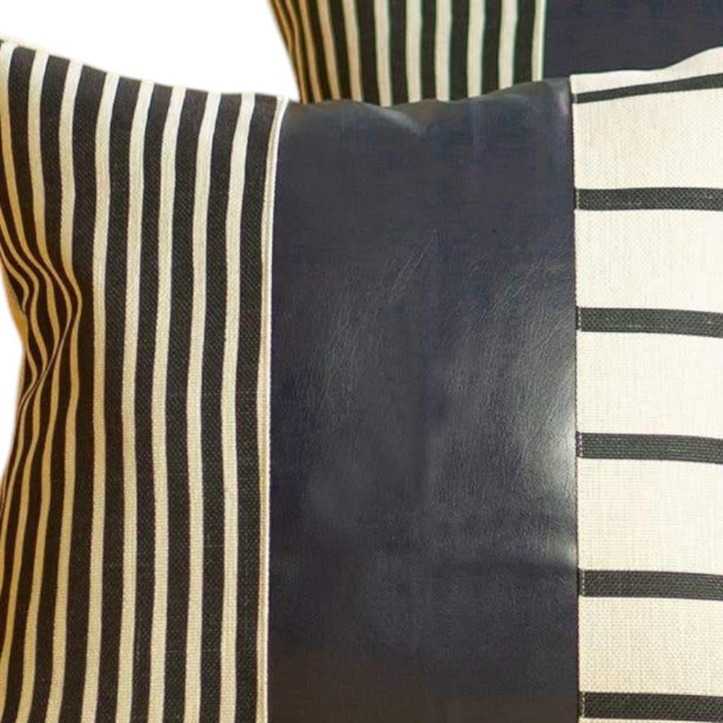 Set of Two 22" X 22" Navy Blue Striped Faux Leather Zippered Pillow Cover-Accent Throw Pillows-DECOROLALA
