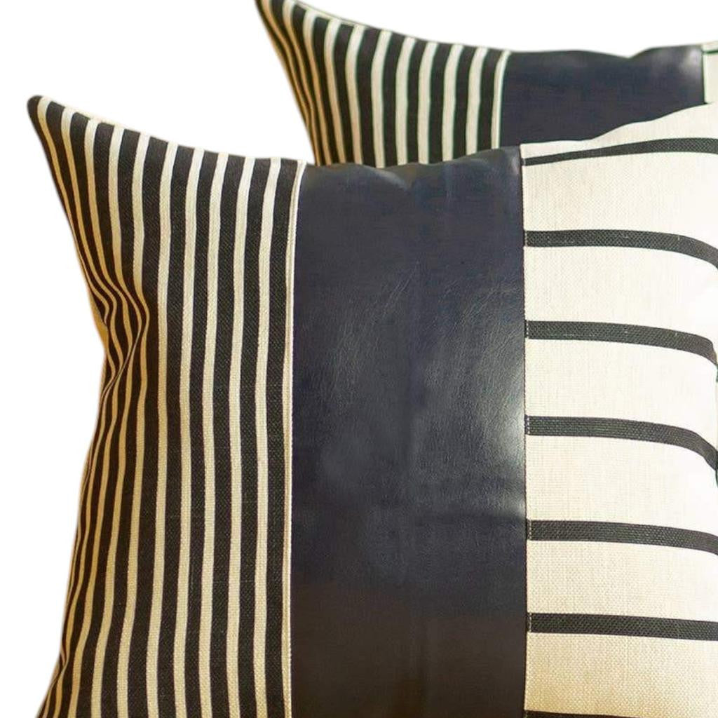 Set of Two 22" X 22" Navy Blue Striped Faux Leather Zippered Pillow Cover-Accent Throw Pillows-DECOROLALA
