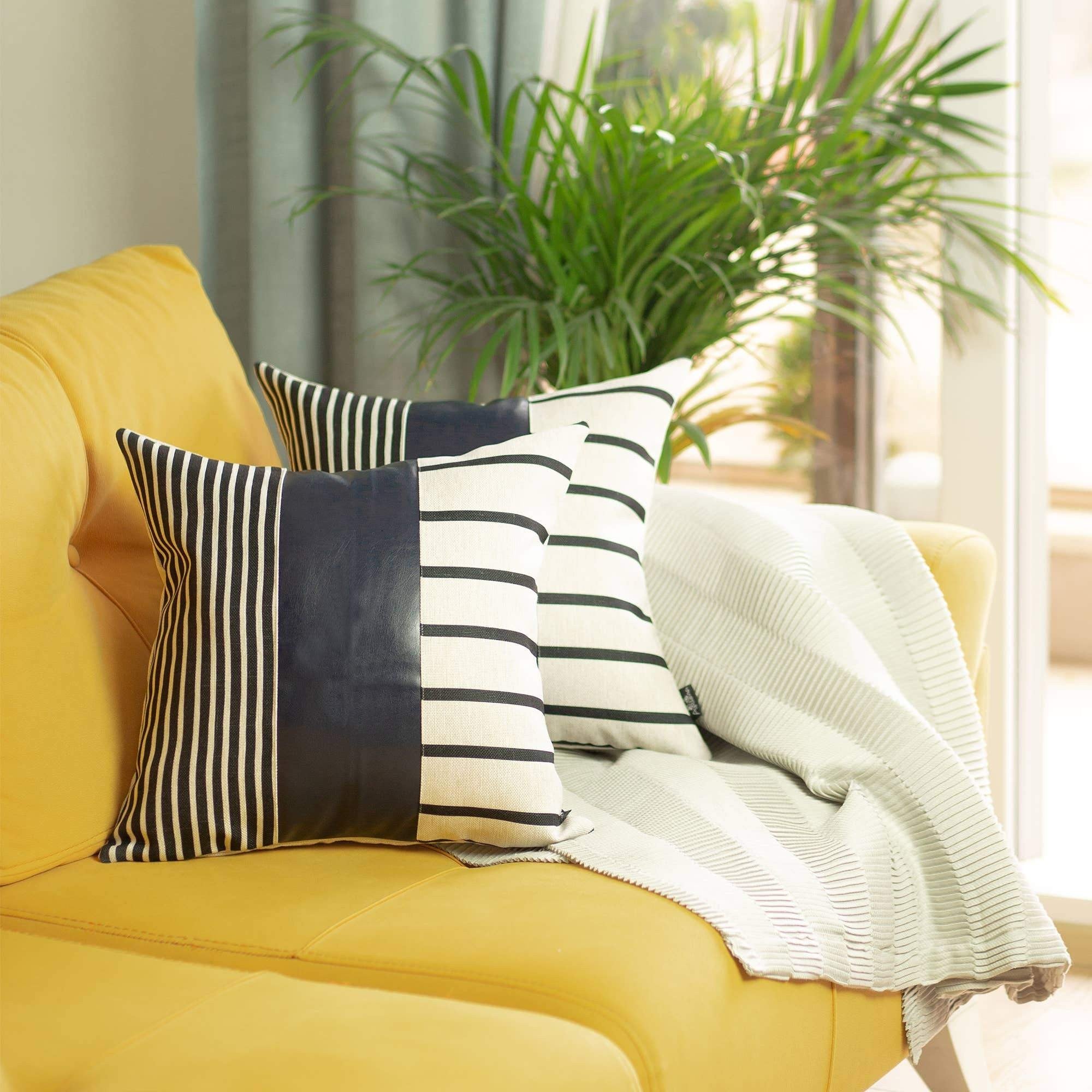 Set of Two 22" X 22" Navy Blue Striped Faux Leather Zippered Pillow Cover-Accent Throw Pillows-DECOROLALA