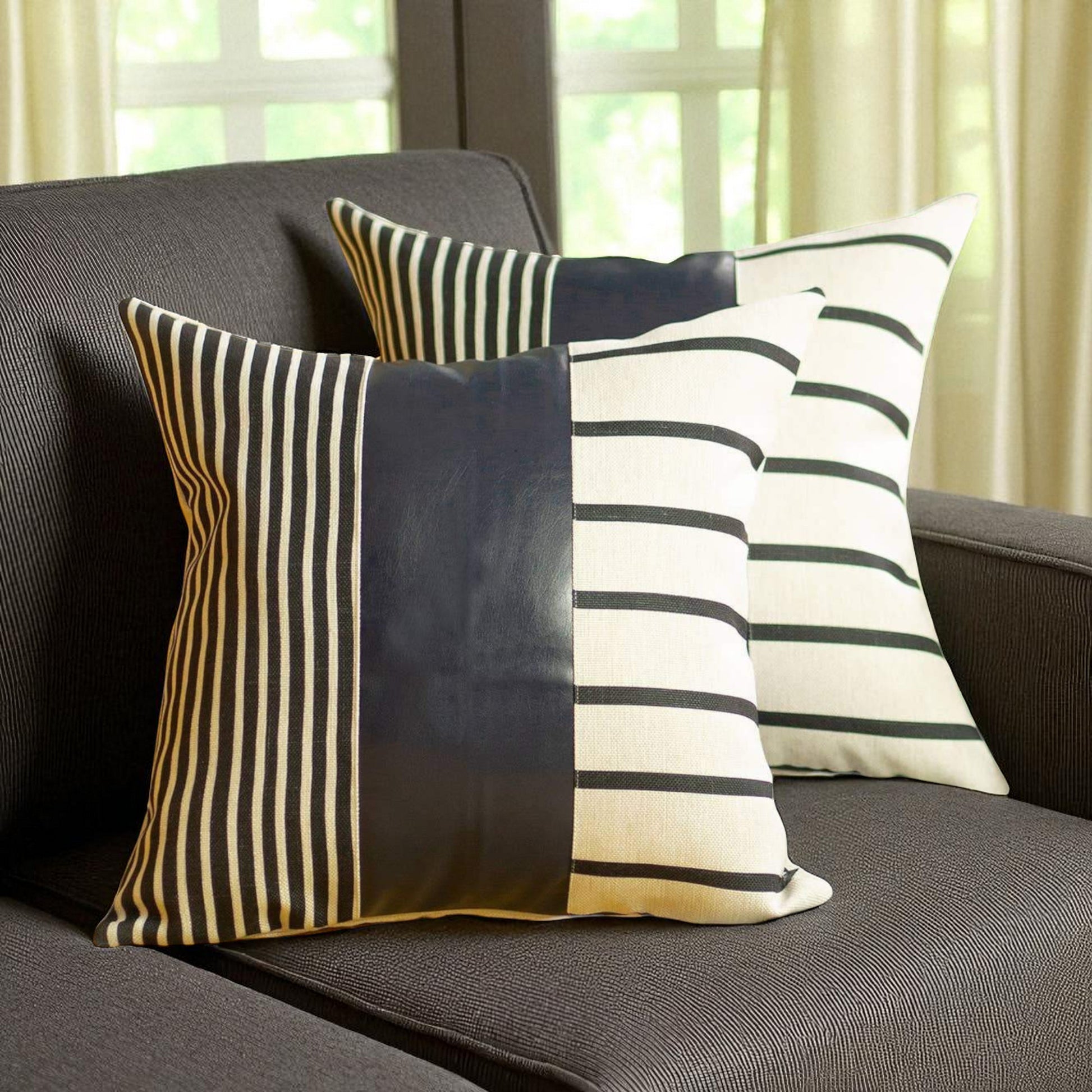 Set of Two 22" X 22" Navy Blue Striped Faux Leather Zippered Pillow Cover-Accent Throw Pillows-DECOROLALA