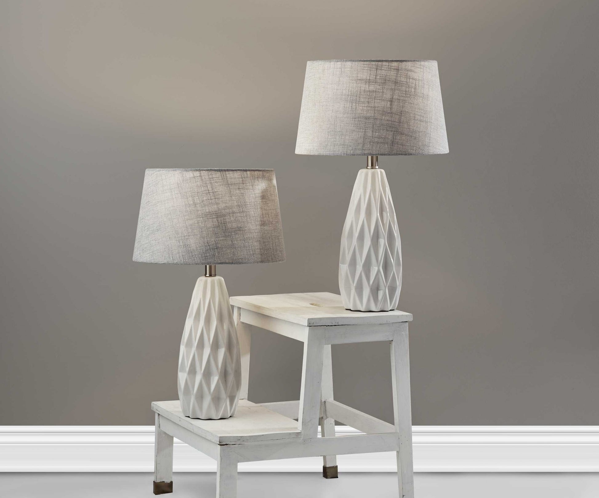 Set of Two 23" White Ceramic Bedside With Gray Drum Shade-Table Lamps-DECOROLALA