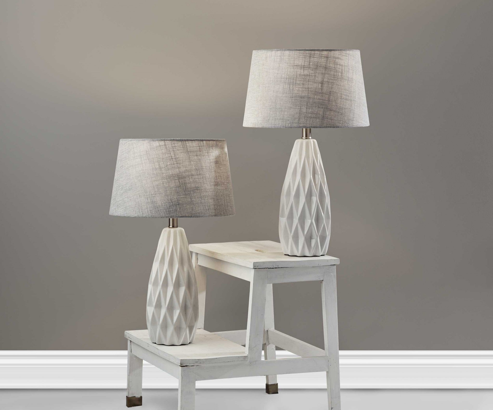 Set of Two 23" White Ceramic Bedside With Gray Drum Shade-Table Lamps-DECOROLALA