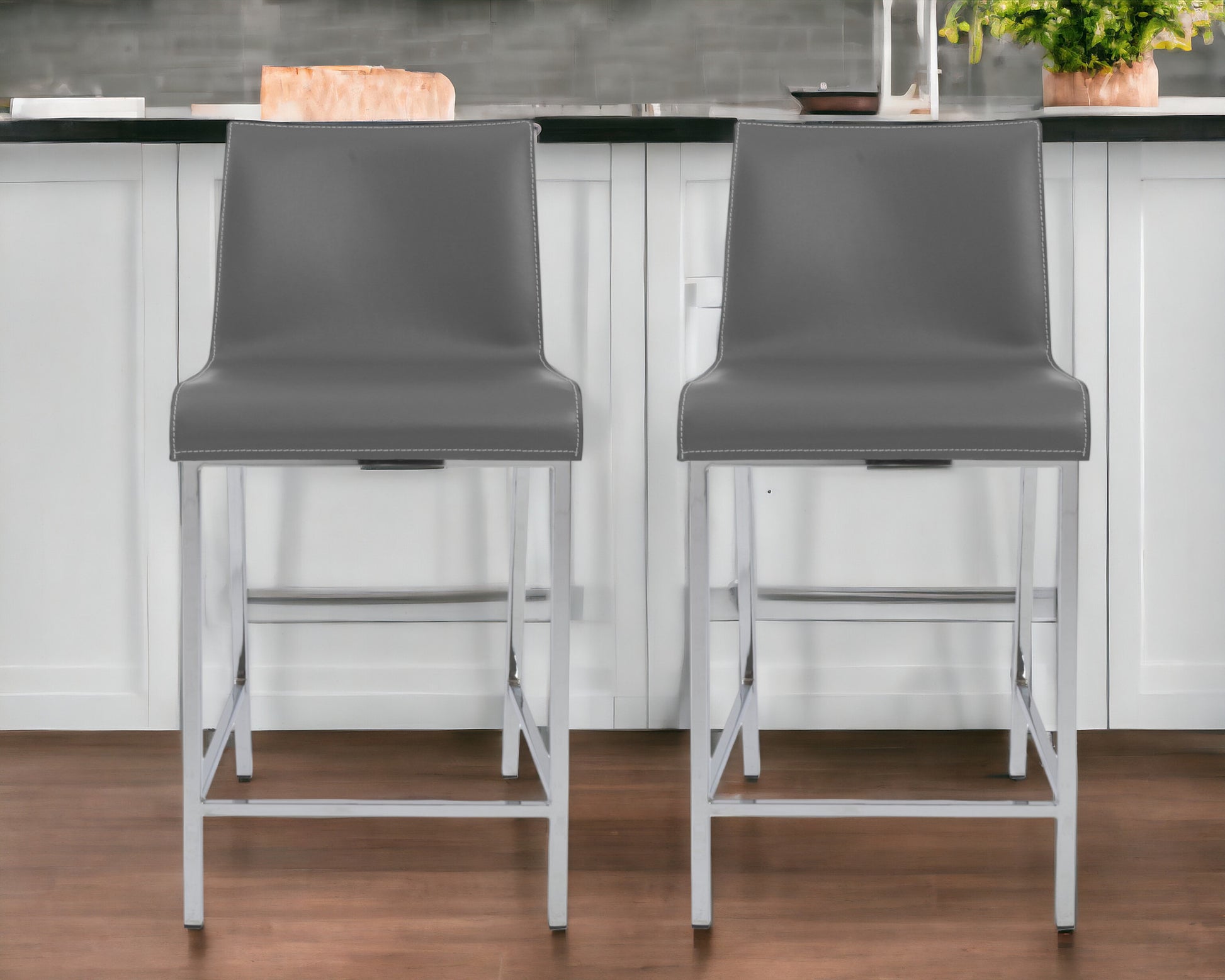 Set of Two 24" Gray And Silver Steel Low Back Counter Height Bar Chairs-Bar Chairs-DECOROLALA