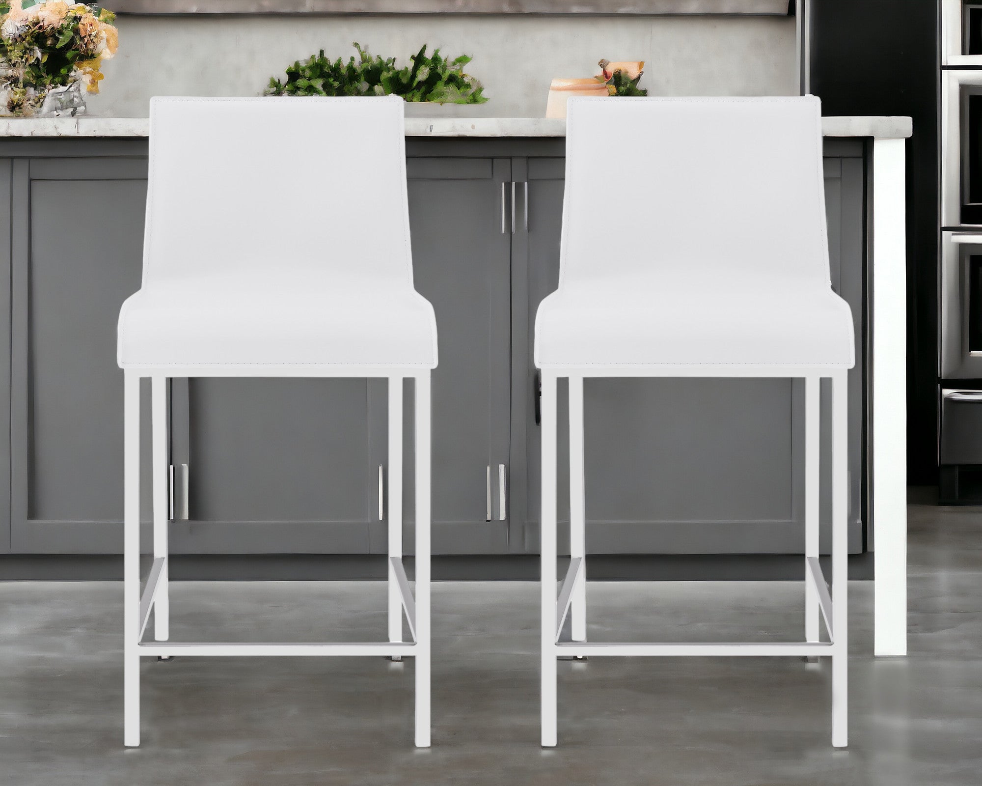 Set of Two 24" White And Silver Steel Low Back Counter Height Bar Chairs-Bar Chairs-DECOROLALA