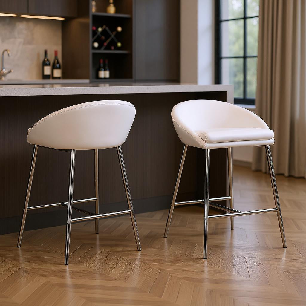 Set of Two 24" White and Silver Metal Low Back Bar Chairs-Bar Chairs-DECOROLALA