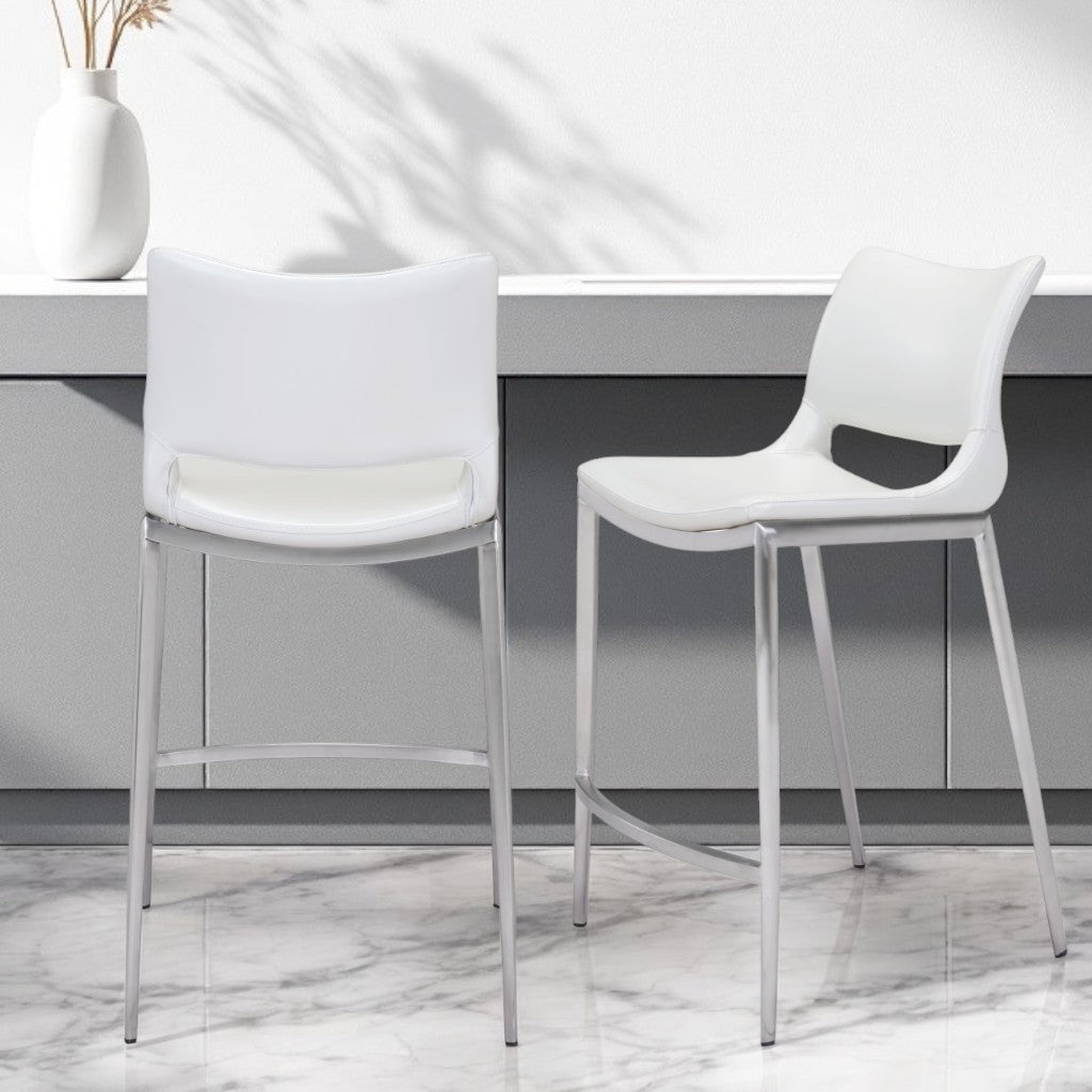 Set of Two 25" White And Silver Steel Low Back Counter Height Bar Chairs-Bar Chairs-DECOROLALA