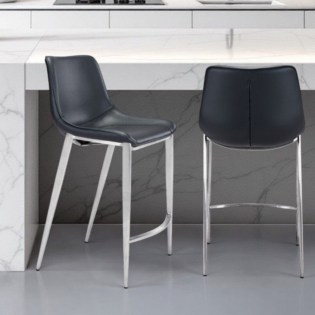 Set of Two 26" Black And Silver Steel Low Back Counter Height Bar Chairs-Bar Chairs-DECOROLALA