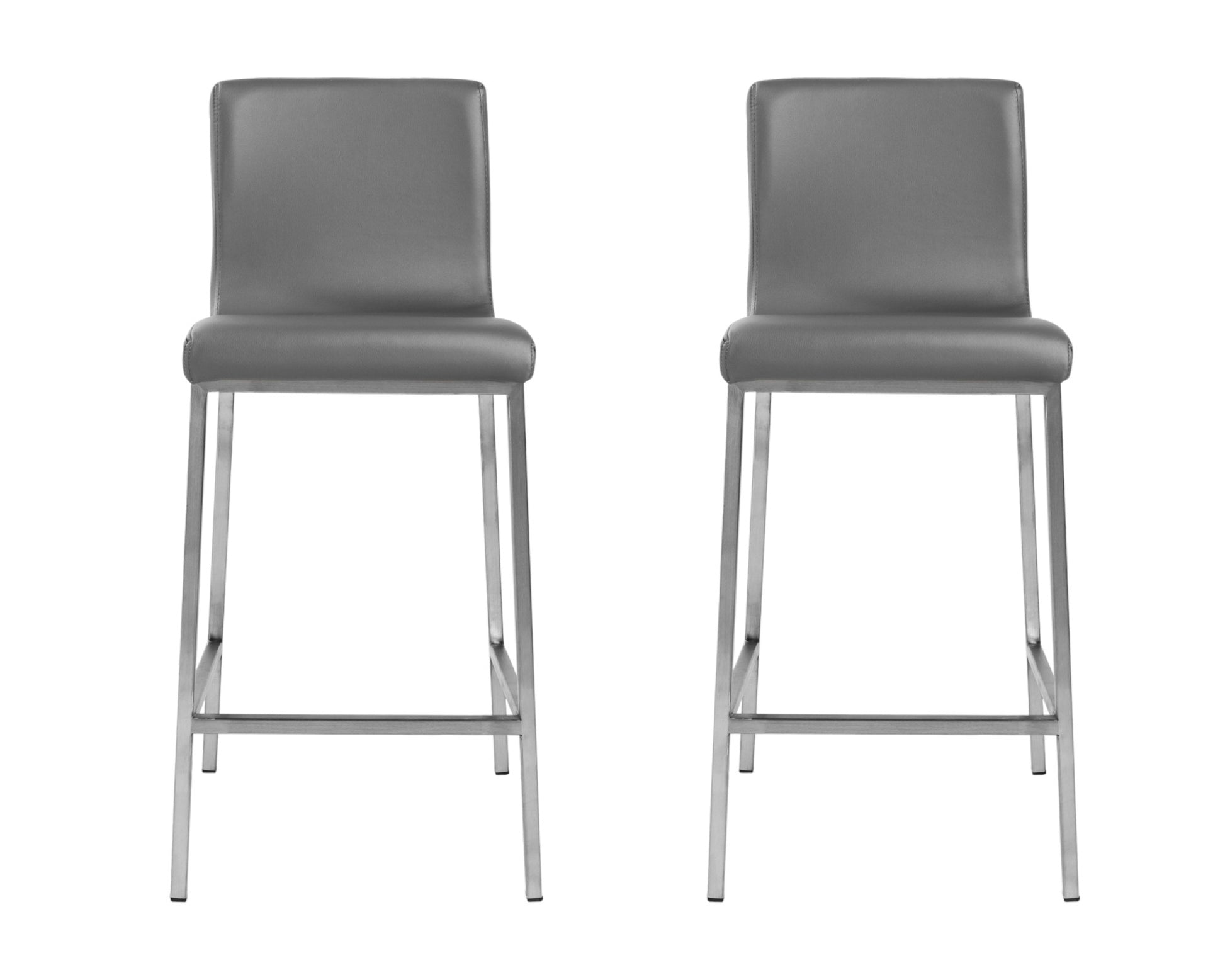 Set of Two 26" Gray And Silver Faux Leather And Steel Low Back Counter Height Bar Chairs-Bar Chairs-DECOROLALA