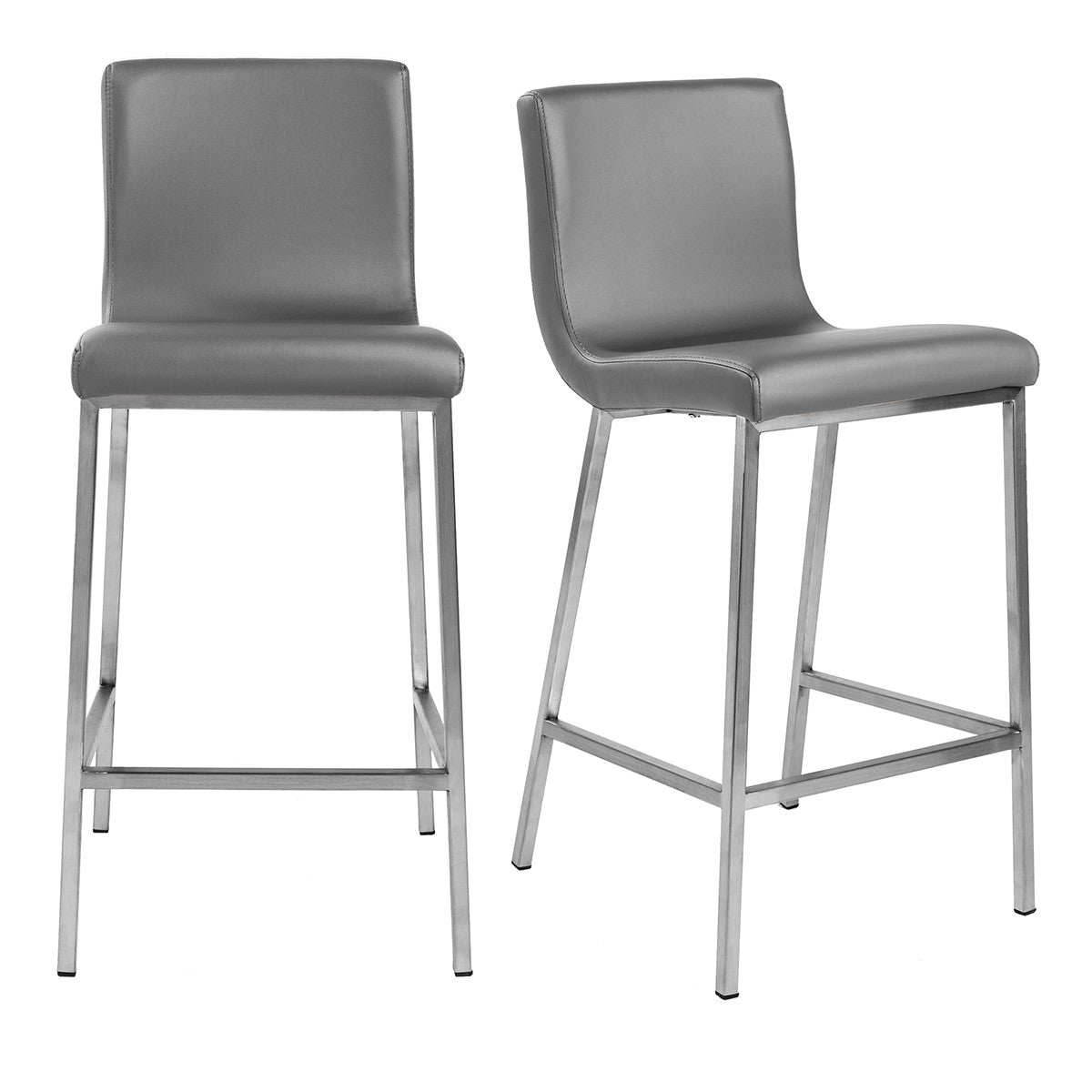 Set of Two 26" Gray And Silver Faux Leather And Steel Low Back Counter Height Bar Chairs-Bar Chairs-DECOROLALA