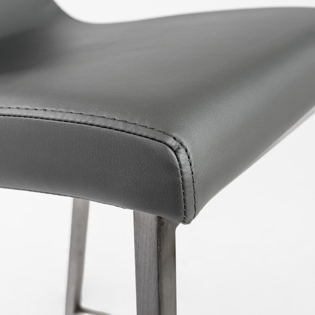 Set of Two 26" Gray And Silver Faux Leather And Steel Low Back Counter Height Bar Chairs-Bar Chairs-DECOROLALA