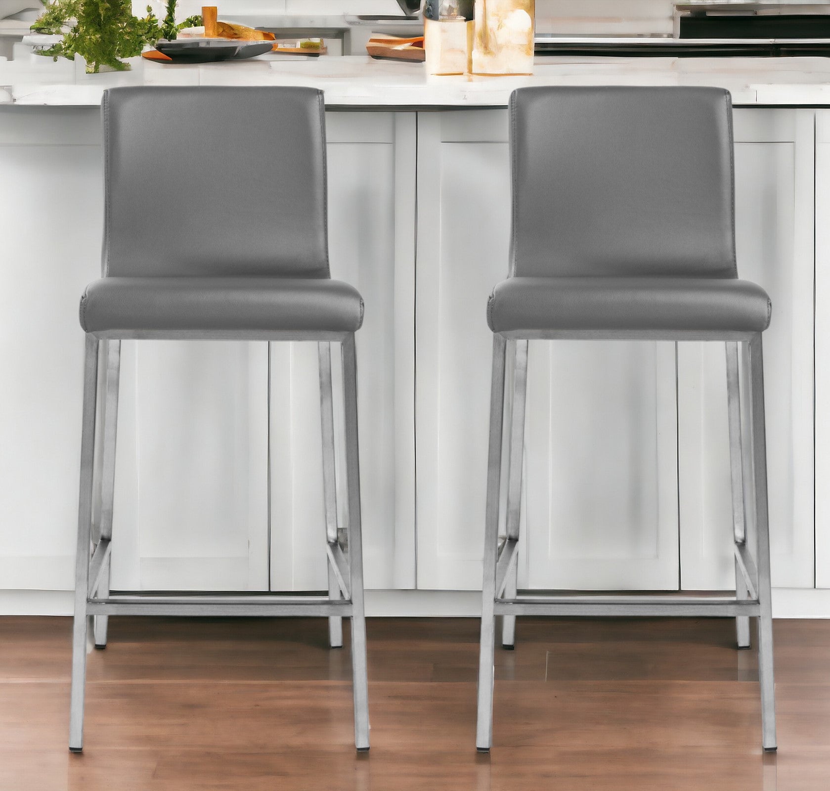 Set of Two 26" Gray And Silver Faux Leather And Steel Low Back Counter Height Bar Chairs-Bar Chairs-DECOROLALA
