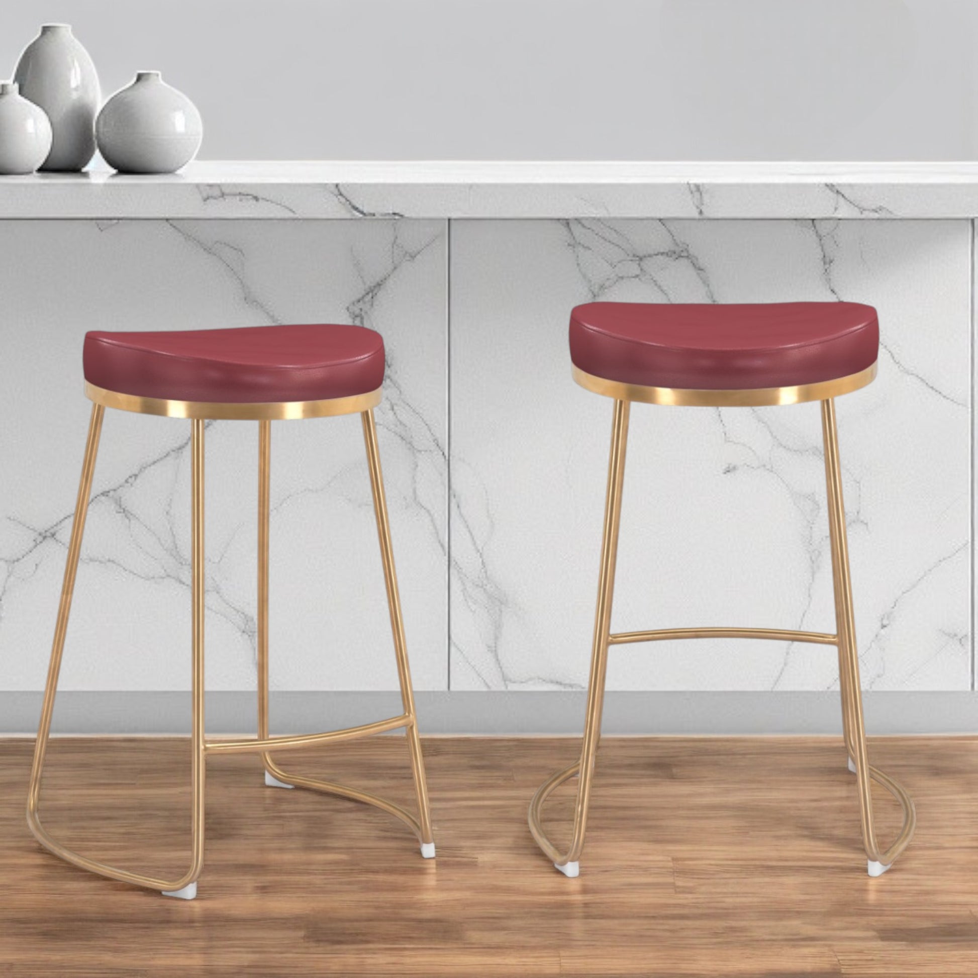 Set of Two 26" Red And Gold Stainless Steel Backless Counter Height Bar Chairs-Bar Chairs-DECOROLALA