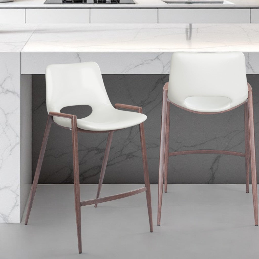 Set of Two 26" White And Brown Steel Low Back Counter Height Bar Chairs-Bar Chairs-DECOROLALA