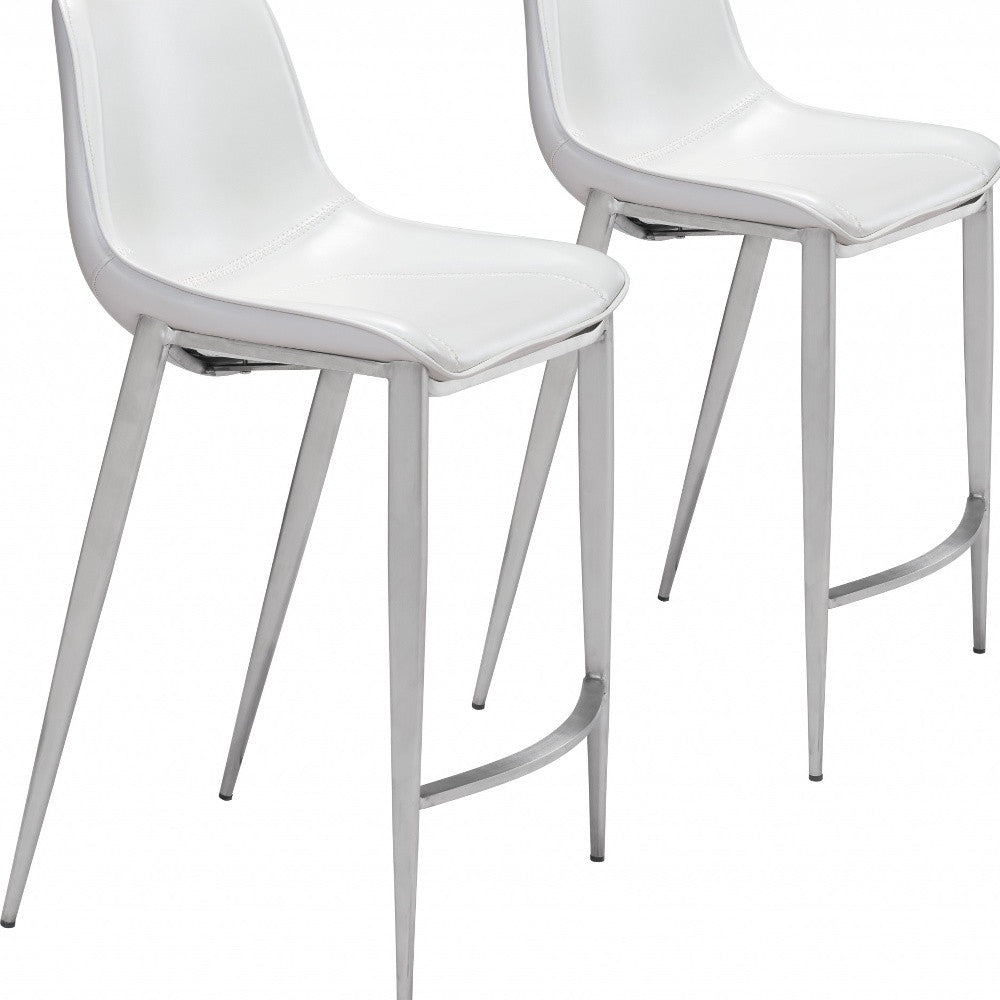 Set of Two 26" White And Silver Steel Low Back Counter Height Bar Chairs-Bar Chairs-DECOROLALA