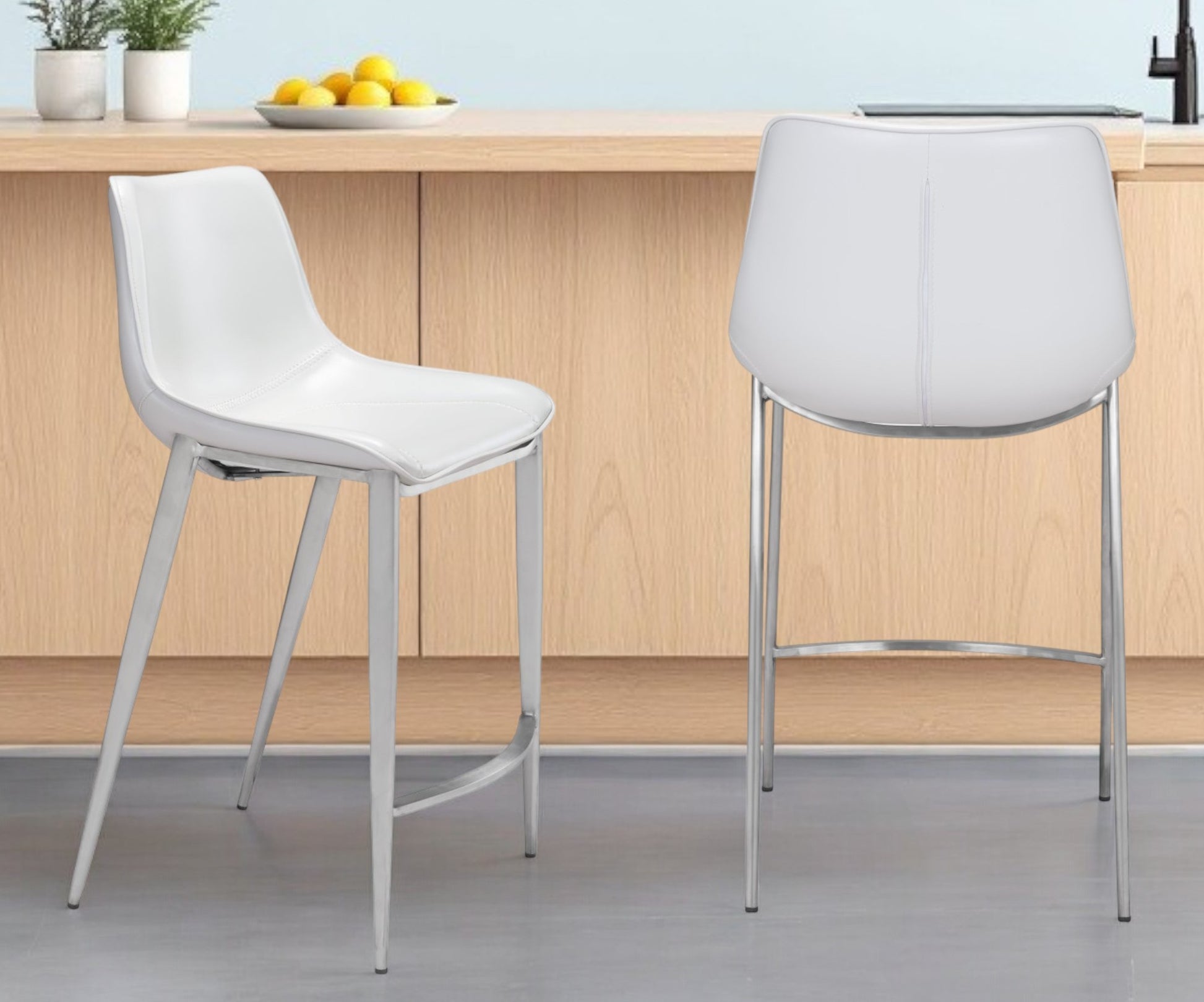 Set of Two 26" White And Silver Steel Low Back Counter Height Bar Chairs-Bar Chairs-DECOROLALA