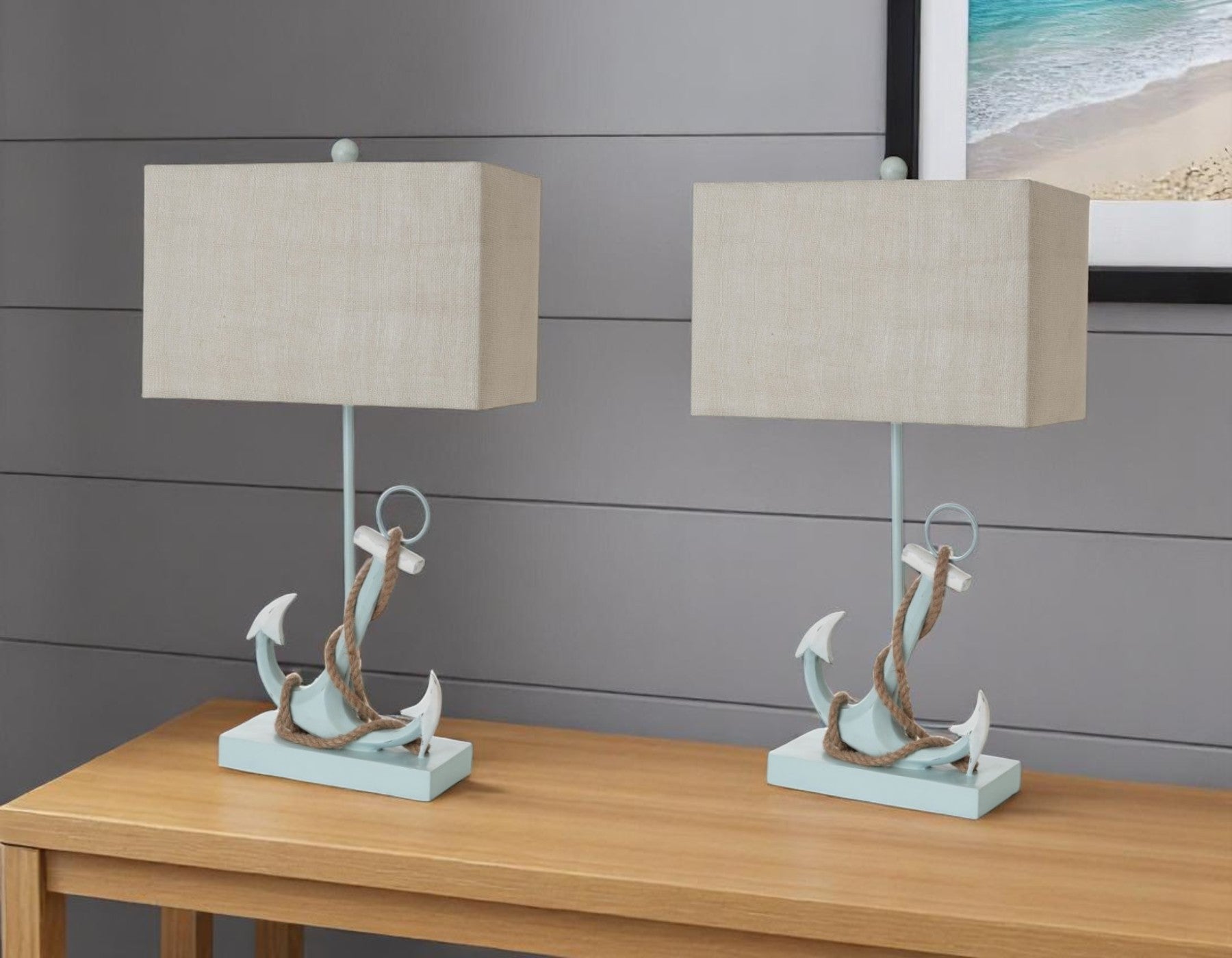 Set of Two 28" Blue Coastal Anchor Table Lamps With Beige Shade-Table Lamps-DECOROLALA