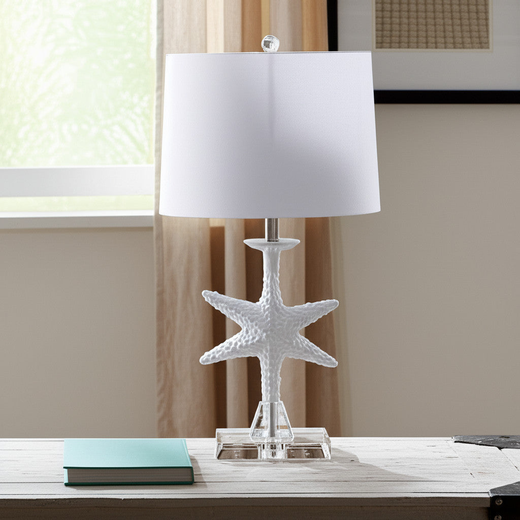 Set of Two 28" Clear and White Coastal Star Fish Table Lamps With White Drum Shades-Table Lamps-DECOROLALA
