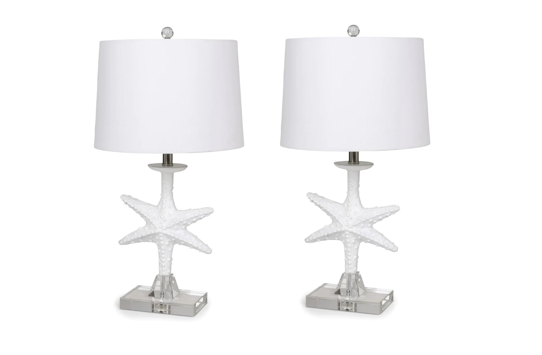 Set of Two 28" Clear and White Coastal Star Fish Table Lamps With White Drum Shades-Table Lamps-DECOROLALA