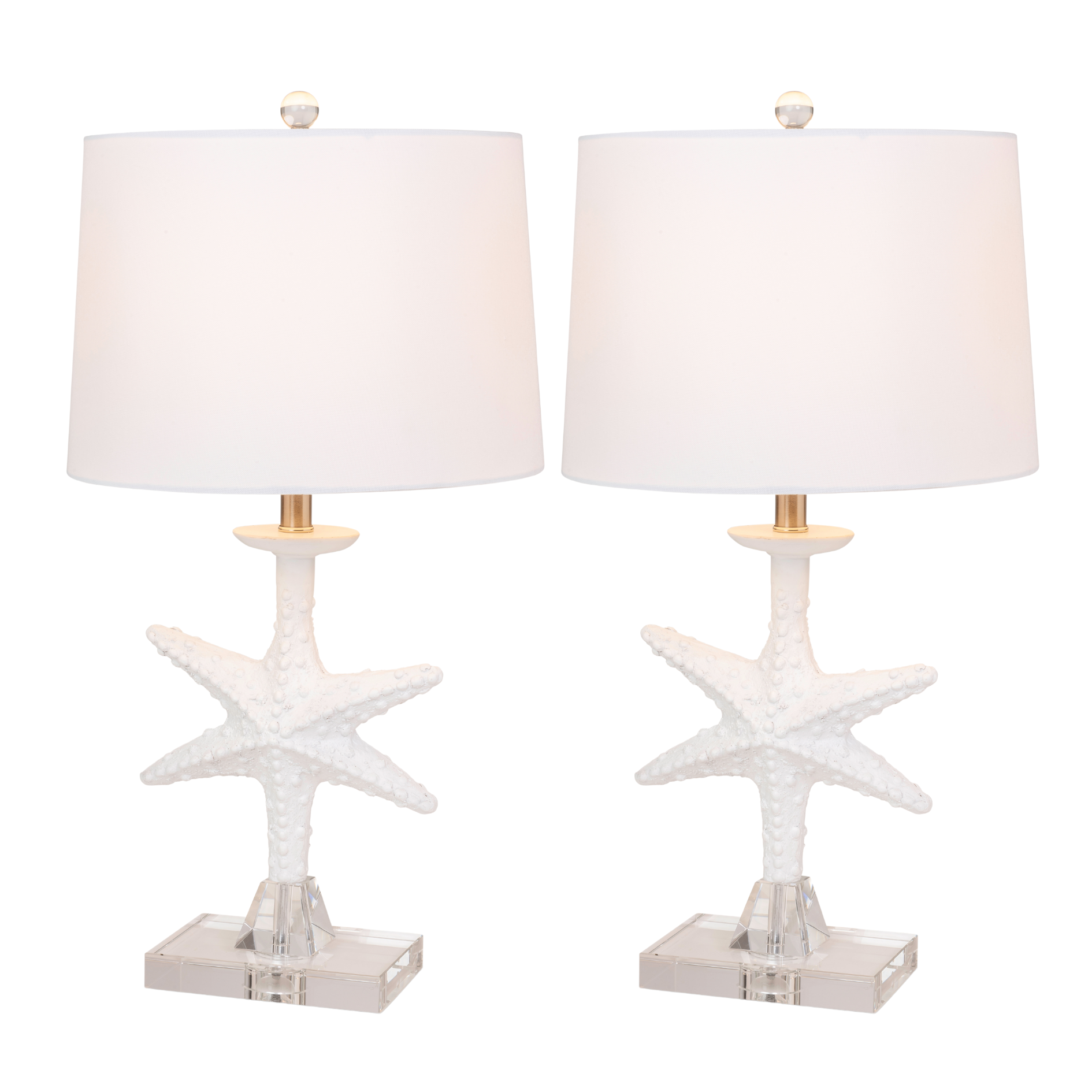Set of Two 28" Clear and White Coastal Star Fish Table Lamps With White Drum Shades-Table Lamps-DECOROLALA