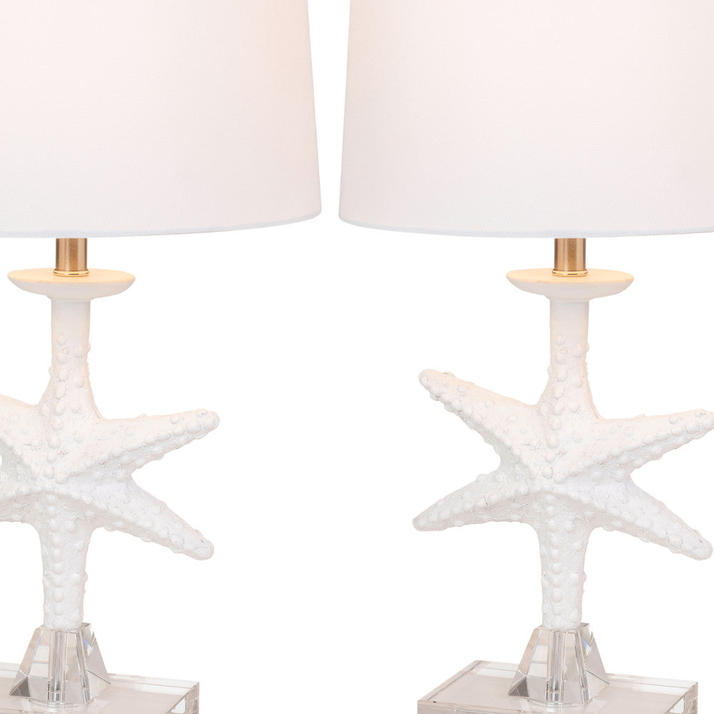 Set of Two 28" Clear and White Coastal Star Fish Table Lamps With White Drum Shades-Table Lamps-DECOROLALA