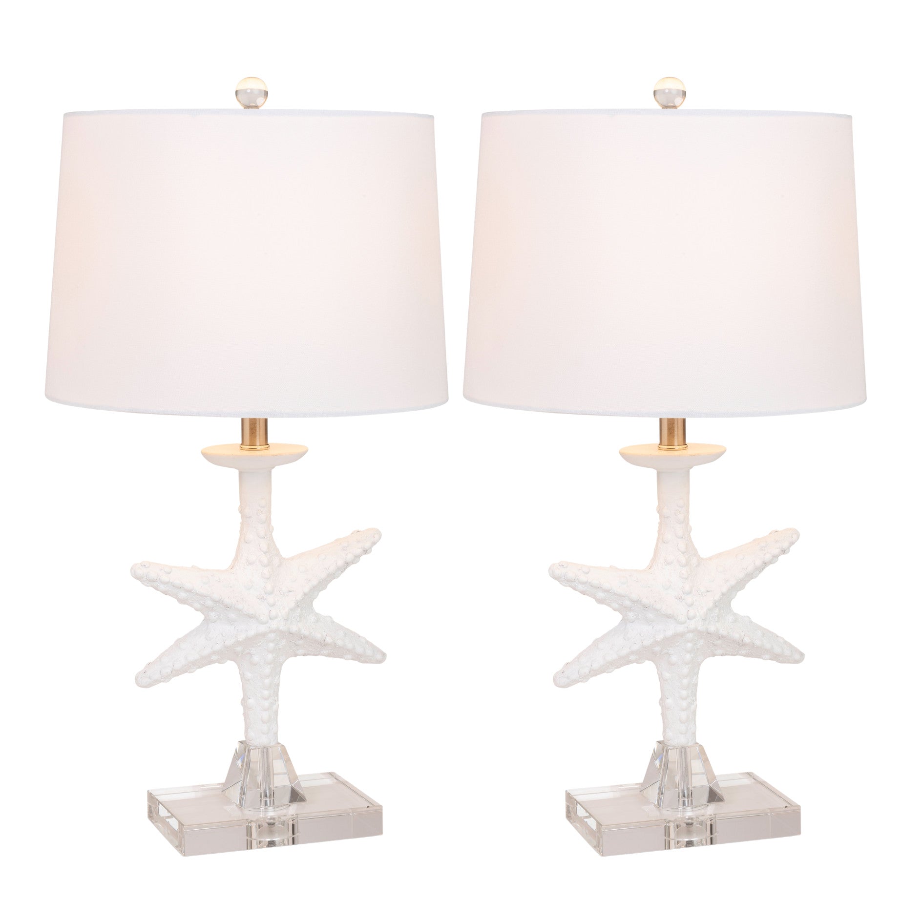 Set of Two 28" Clear and White Coastal Star Fish Table Lamps With White Drum Shades-Table Lamps-DECOROLALA