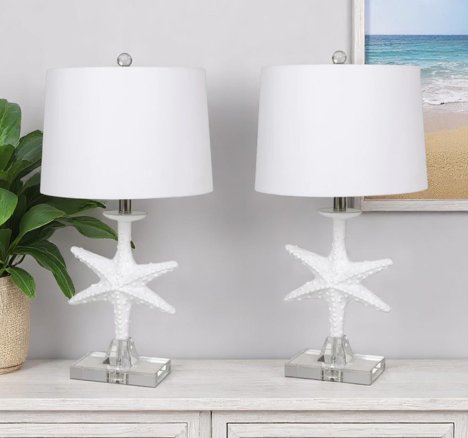 Set of Two 28" Clear and White Coastal Star Fish Table Lamps With White Drum Shades-Table Lamps-DECOROLALA