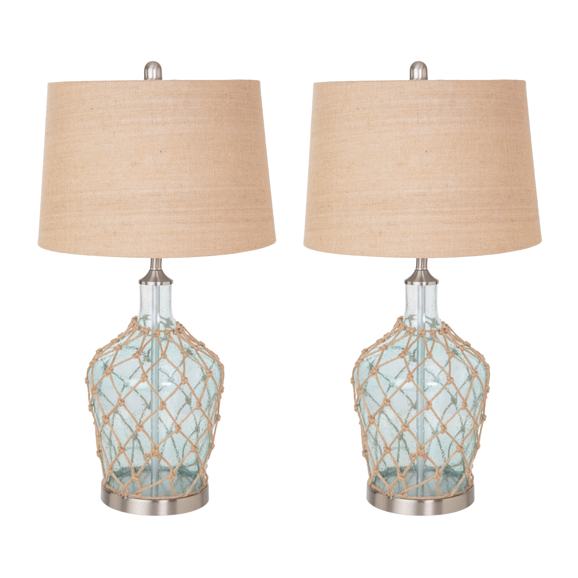 Set of Two 28" Light Blue And Silver Glass And Metal Coastal Table Lamps-Table Lamps-DECOROLALA