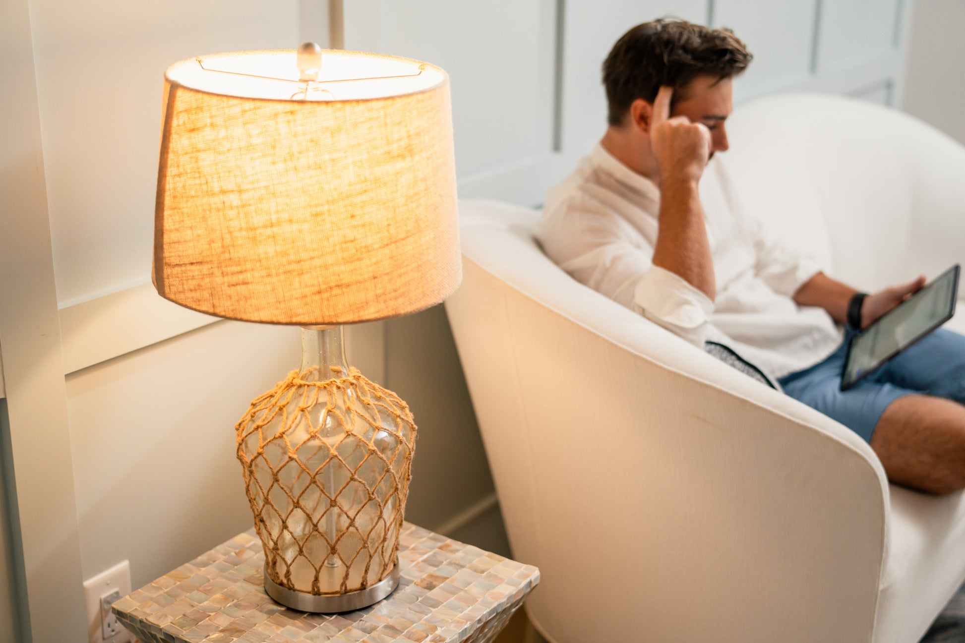 Set of Two 28" Light Blue And Silver Glass And Metal Coastal Table Lamps-Table Lamps-DECOROLALA