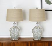 Set of Two 28" Light Blue And Silver Glass And Metal Coastal Table Lamps-Table Lamps-DECOROLALA