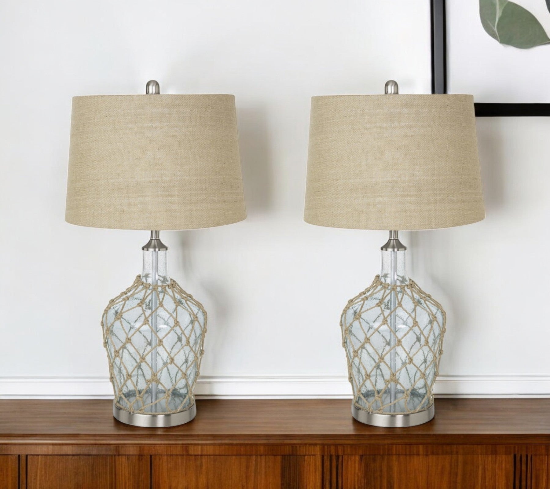 Set of Two 28" Light Blue And Silver Glass And Metal Coastal Table Lamps-Table Lamps-DECOROLALA