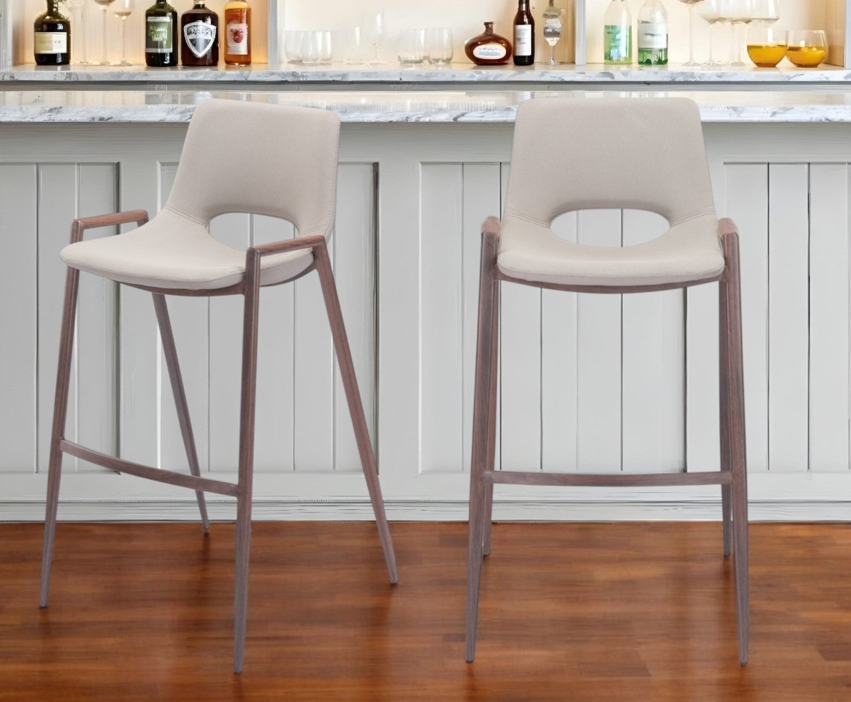 Set of Two 29 " Beige And Brown Steel Low Back Bar Height Bar Chairs-Bar Chairs-DECOROLALA