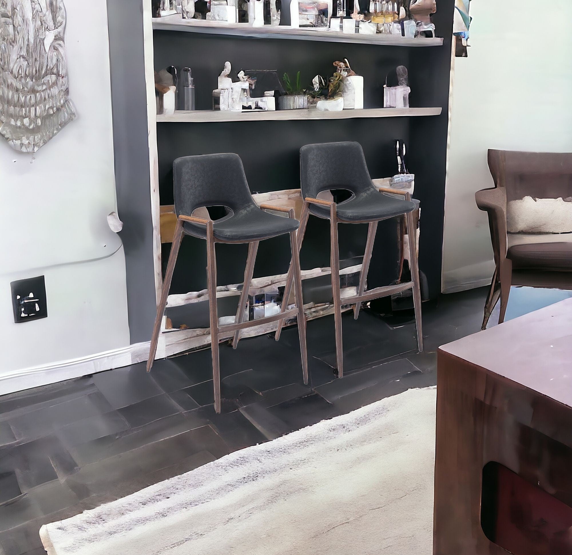 Set of Two 29 " Black And Brown Steel Low Back Bar Height Bar Chairs-Bar Chairs-DECOROLALA