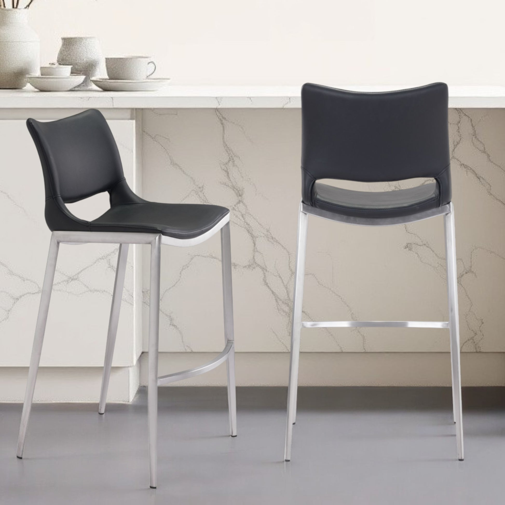 Set of Two 29" Black And Silver Steel Low Back Bar Height Bar Chairs-Bar Chairs-DECOROLALA