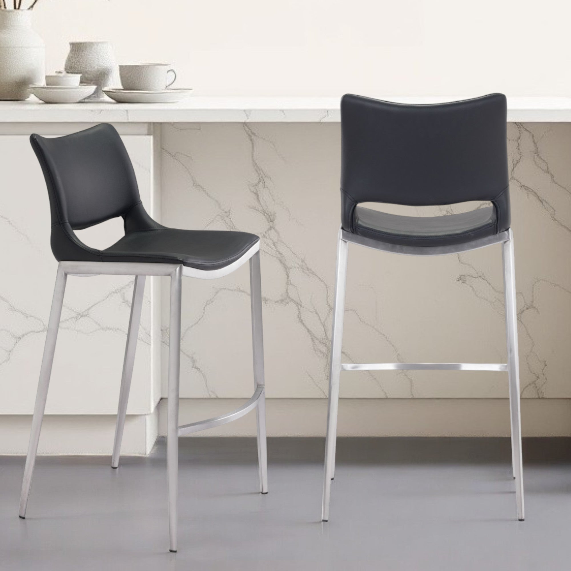 Set of Two 29" Black And Silver Steel Low Back Bar Height Bar Chairs-Bar Chairs-DECOROLALA