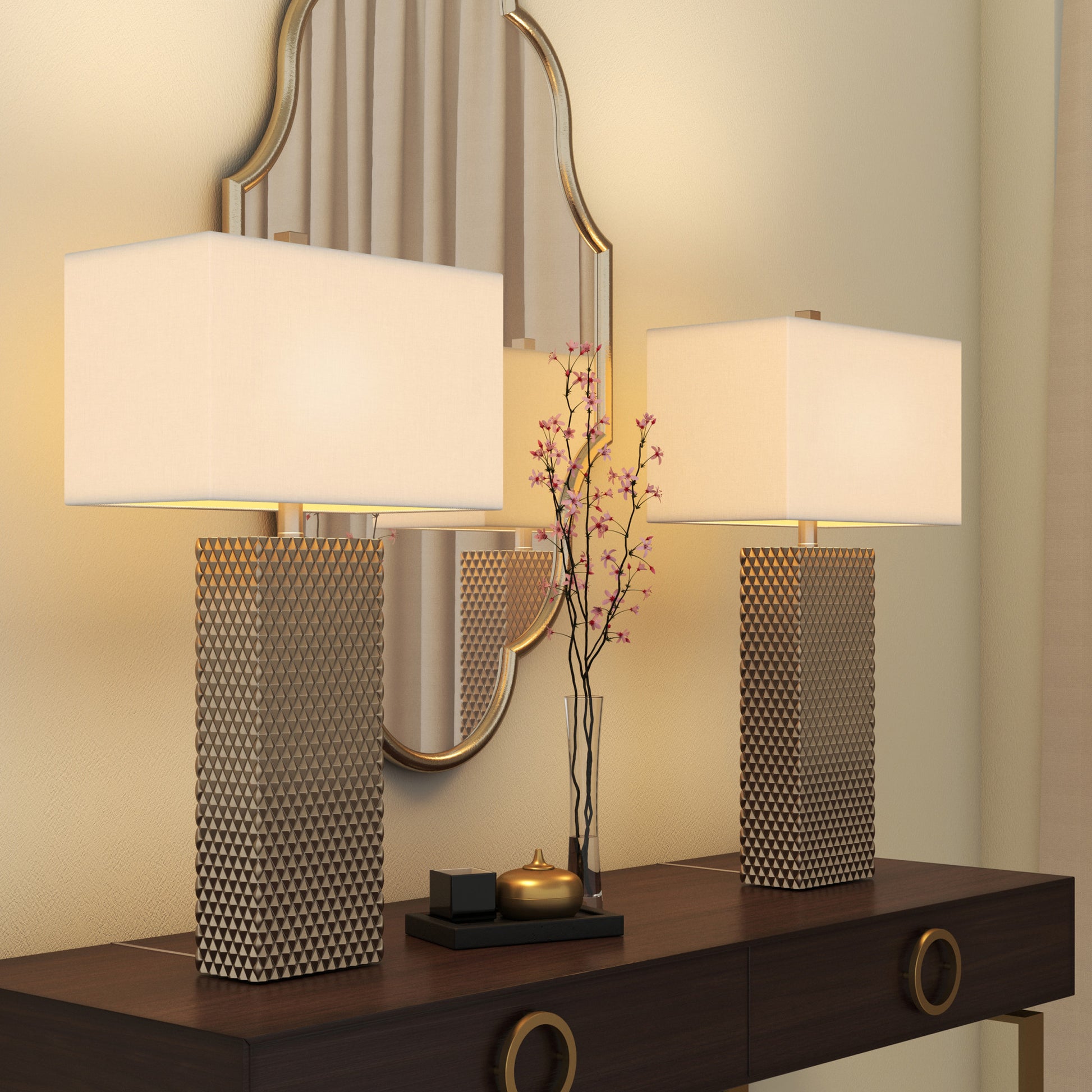 Set of Two 29" Gold Waffle Table Lamps With White Shade-Table Lamps-DECOROLALA