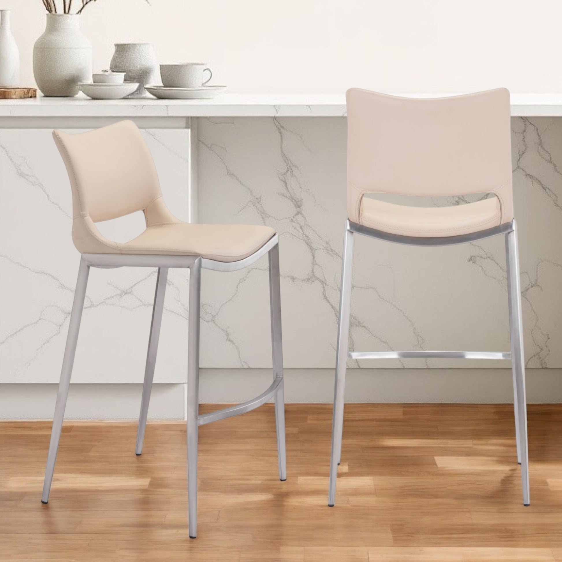 Set of Two 29" Light Pink And Silver Steel Low Back Bar Height Bar Chairs-Bar Chairs-DECOROLALA