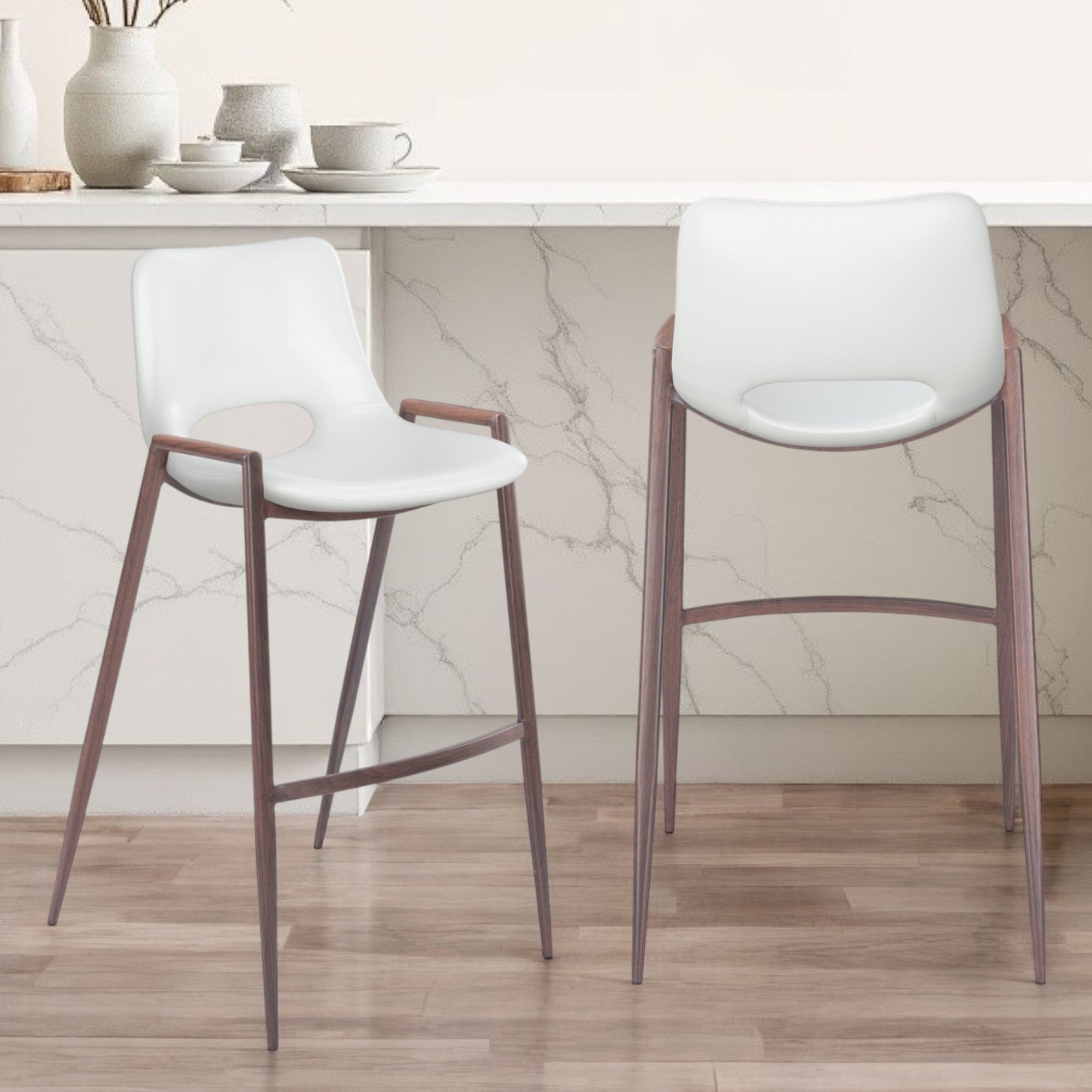 Set of Two 29" White And Brown Steel Low Back Bar Height Bar Chairs-Bar Chairs-DECOROLALA