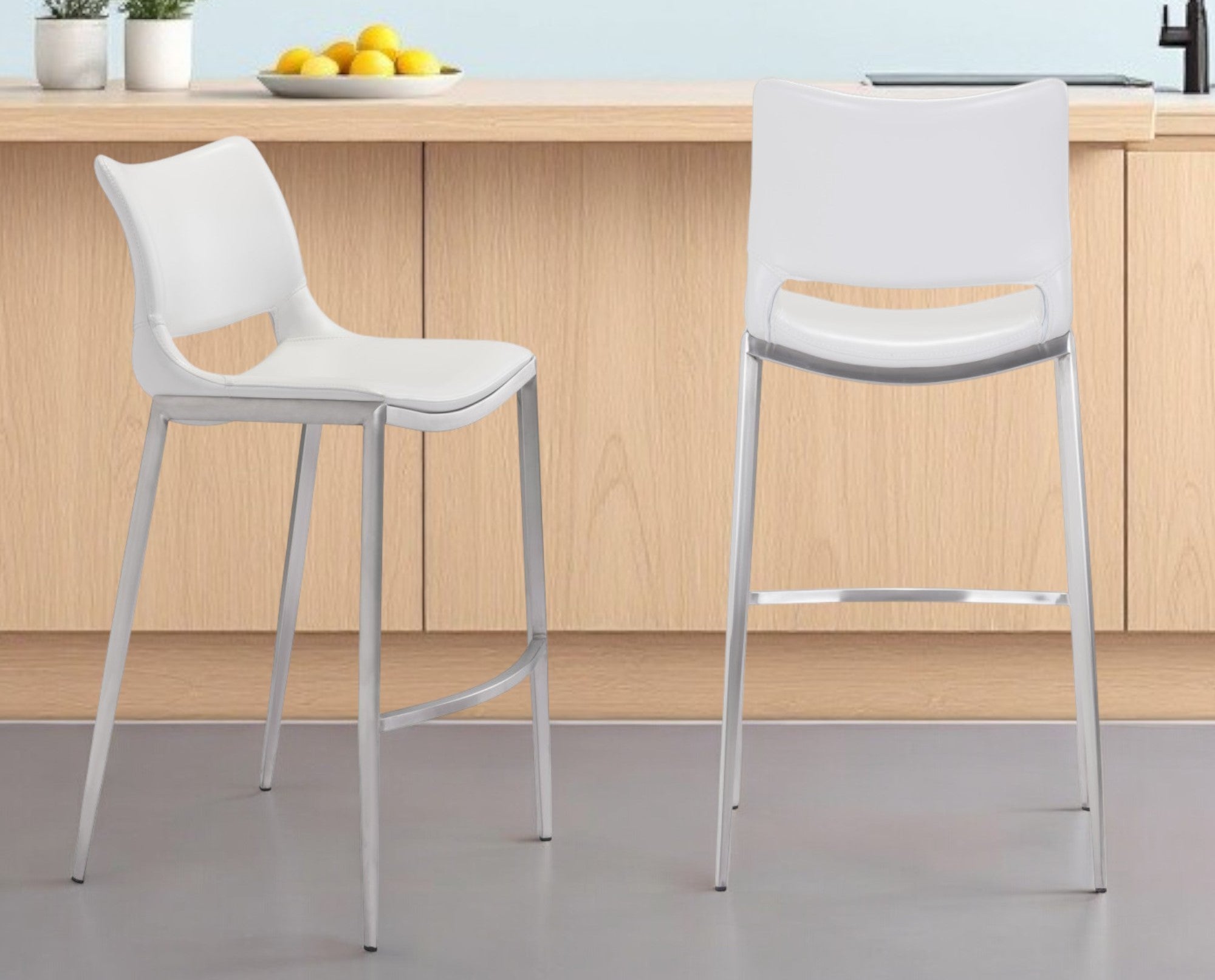 Set of Two 29" White And Silver Steel Low Back Bar Height Bar Chairs-Bar Chairs-DECOROLALA